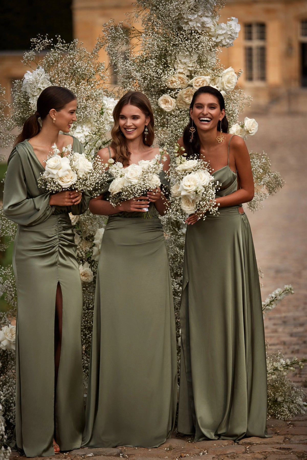 Elegant olive off the shoulder silk maxi dress