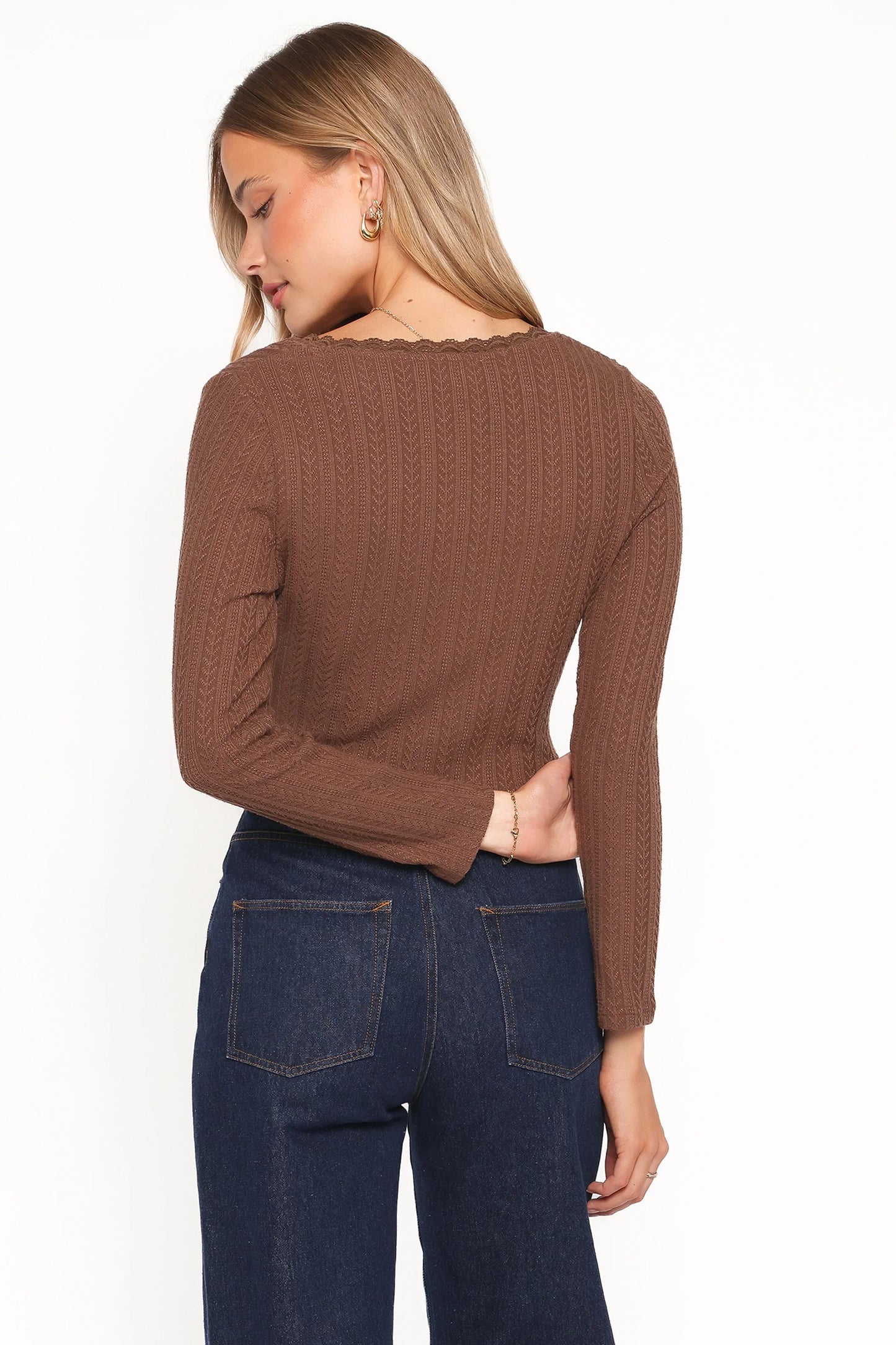 Leslie Long Sleeve Textured Button Front Top Chocolate