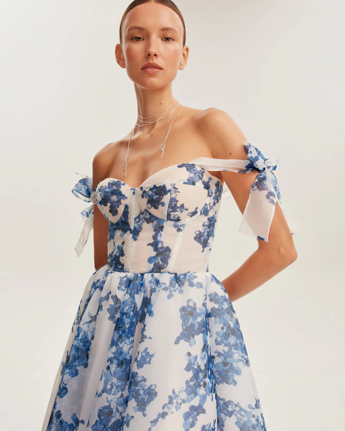 Charming blue hydrangea patterned organza midi dress Garden of Eden