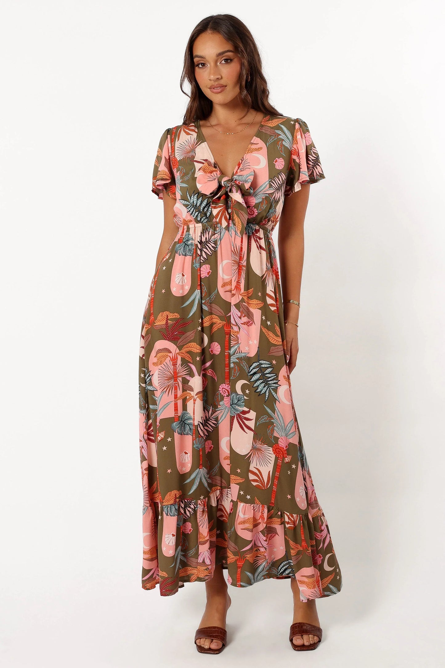 Everly Short Sleeve Maxi Dress Olive Print