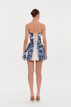 Strapless blue hydrangea mini dress with accent lacing