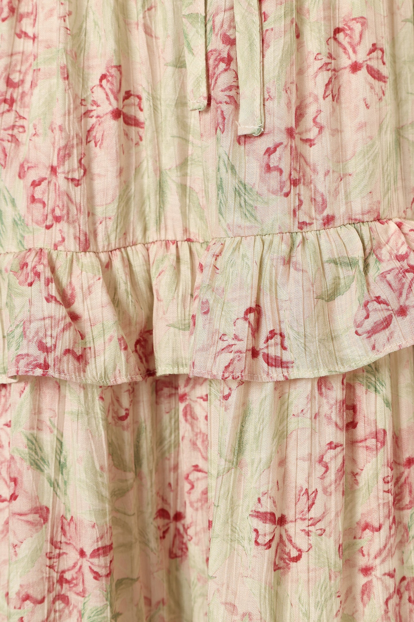 Levelle Midi Ruffle Dress Ivory Red Green Floral