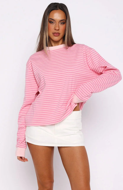 Catch The Drift Long Sleeve Tee Dark Pink Light Pink Stripe