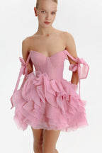 Danceable mini with ruched flower appliques Garden of Eden