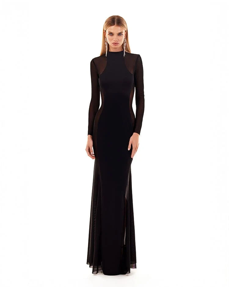 Showstopper black dress with semi transparent inserts