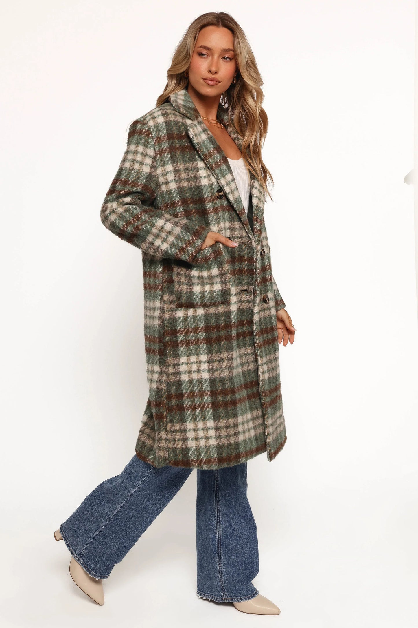 Anika Plaid Long Coat Green Brown