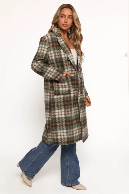 Anika Plaid Long Coat Green Brown