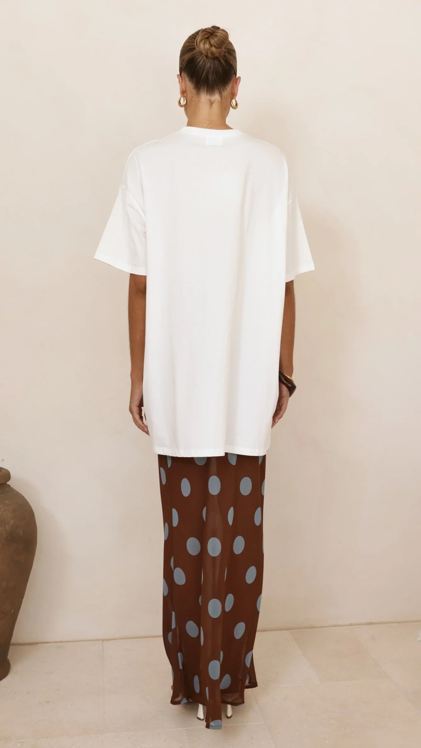 Yumi Oversized Tee and Sheer Skirt Set White Brown Blue Polka