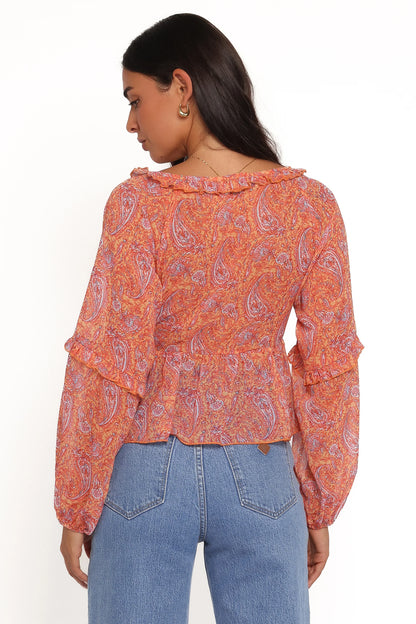 Isolt Tie Front Top Orange Paisley