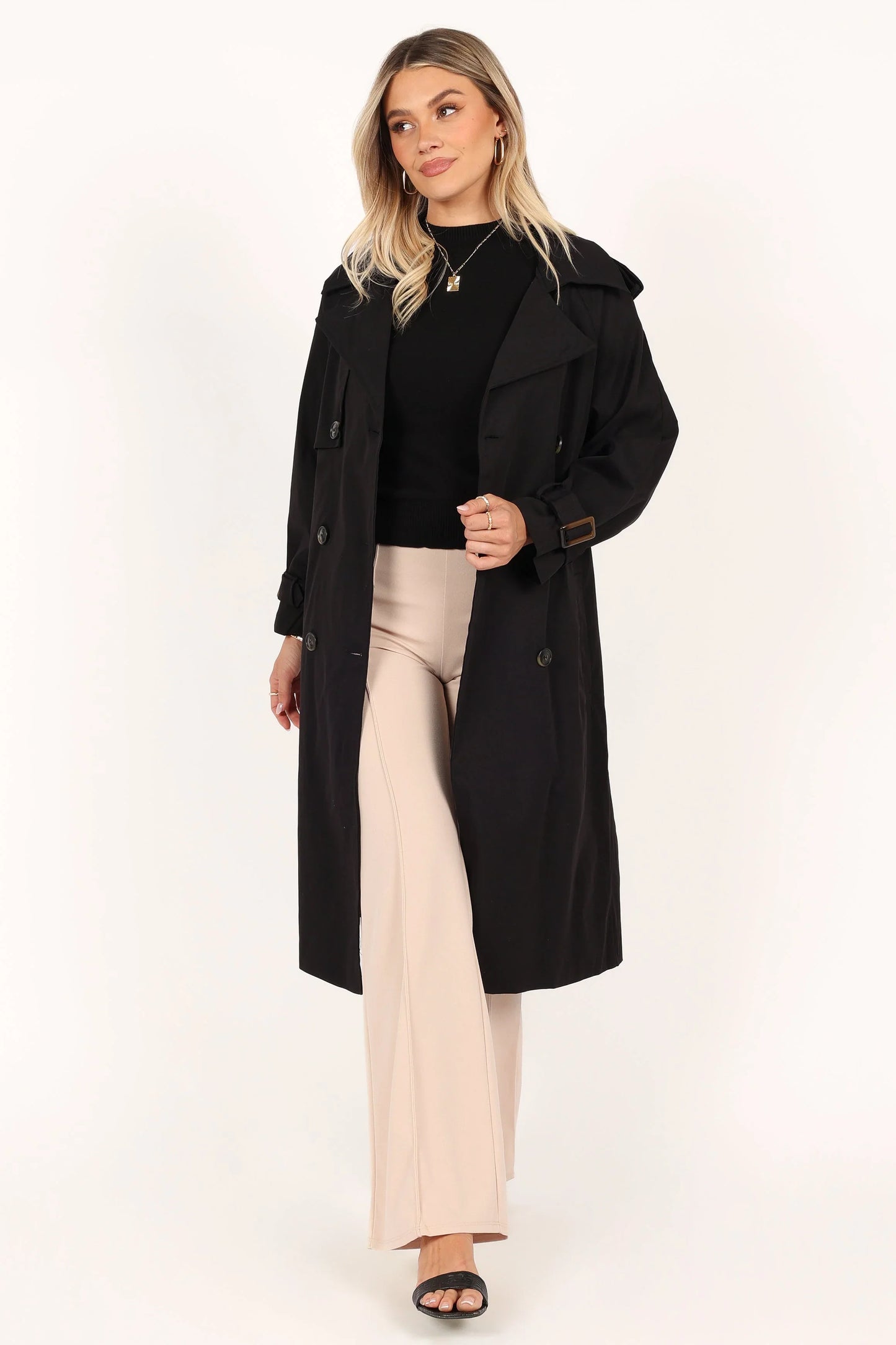 Trina Button Front Trench Coat Black