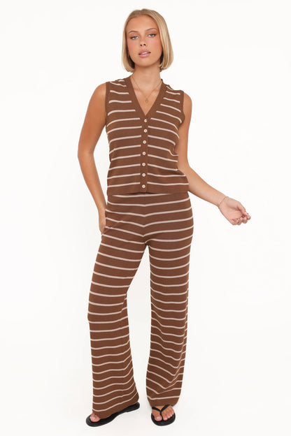 Juna Knitted Pant Set Brown Cream Stripe