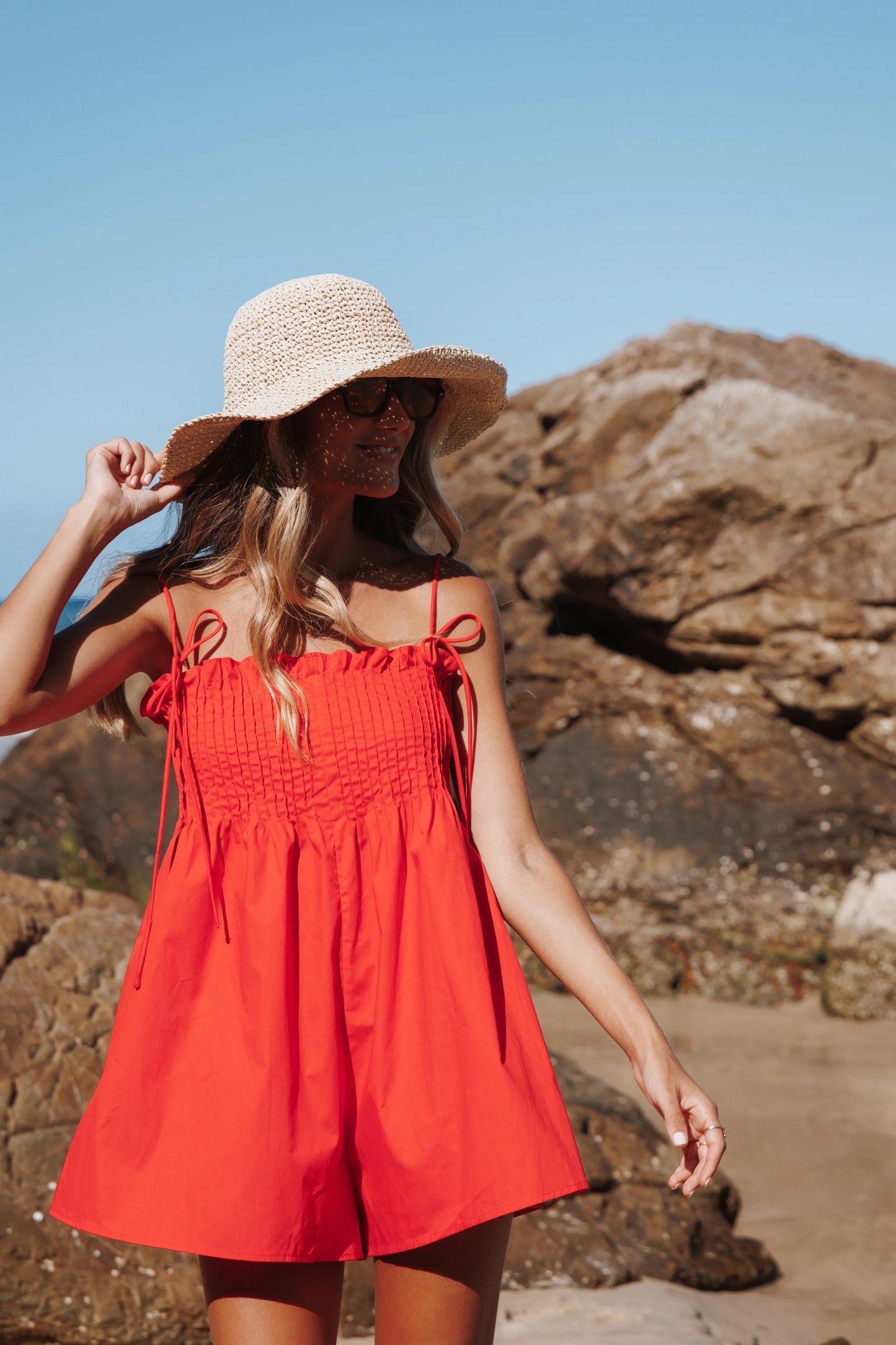 Liora Pleated Romper Red