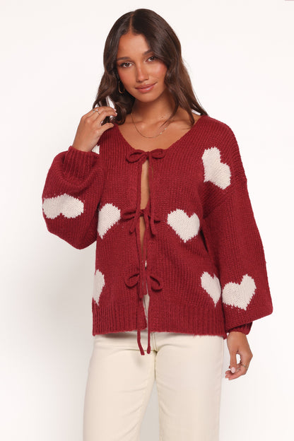 Nadine All Over Heart Tie Front Cardigan Wine