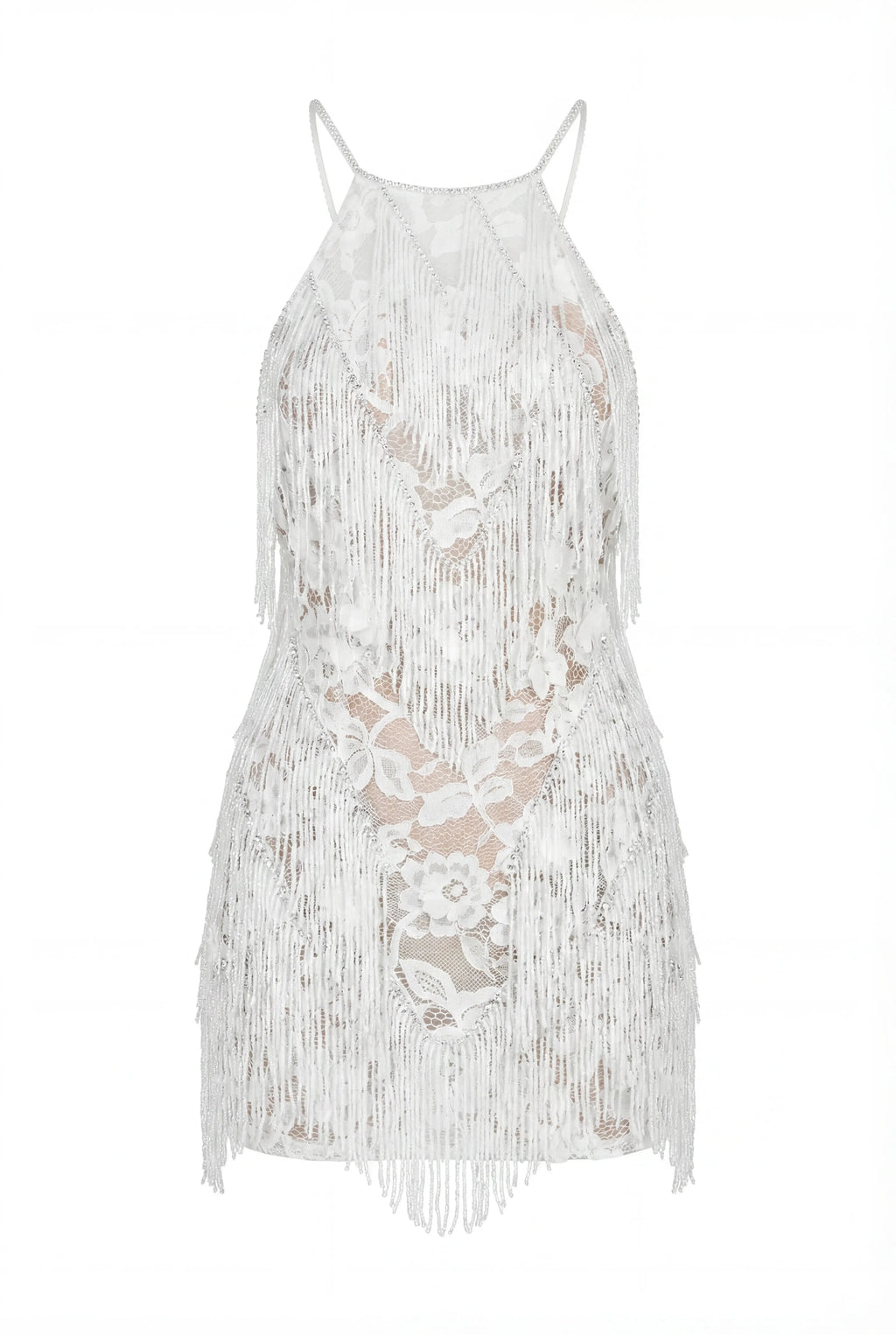 Ivory Lace Mini Dress with Beaded Fringe
