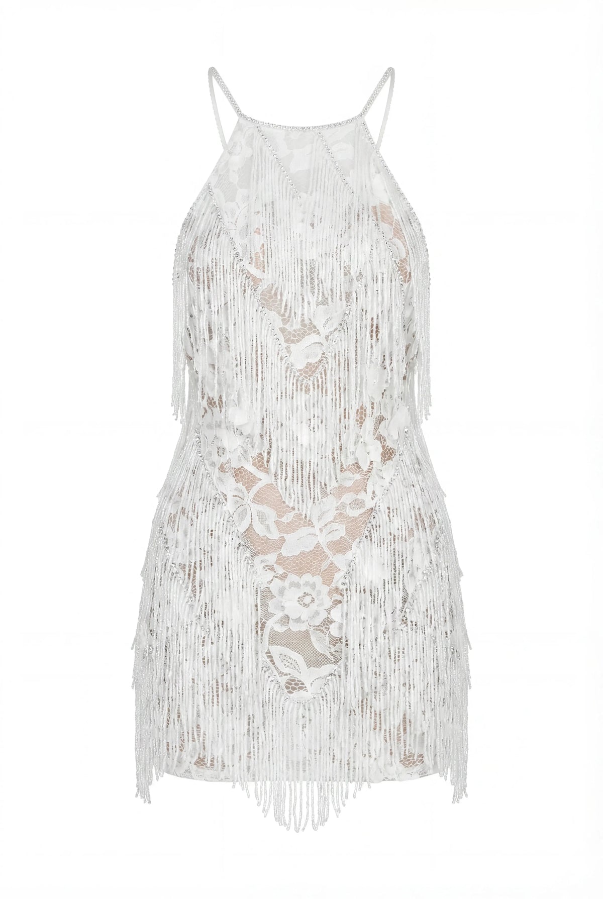 Ivory Lace Mini Dress with Beaded Fringe
