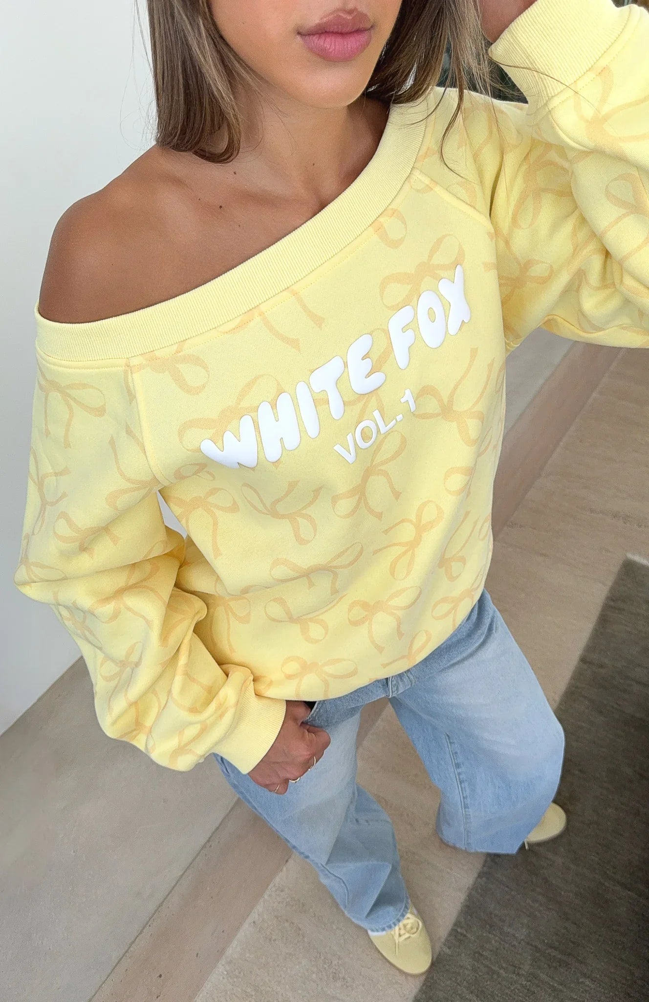 Vol 1 Off Shoulder Printed Sweater Lemon Bow
