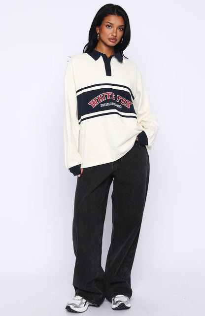 Meeting Friends Long Sleeve Rugby Shirt Cream