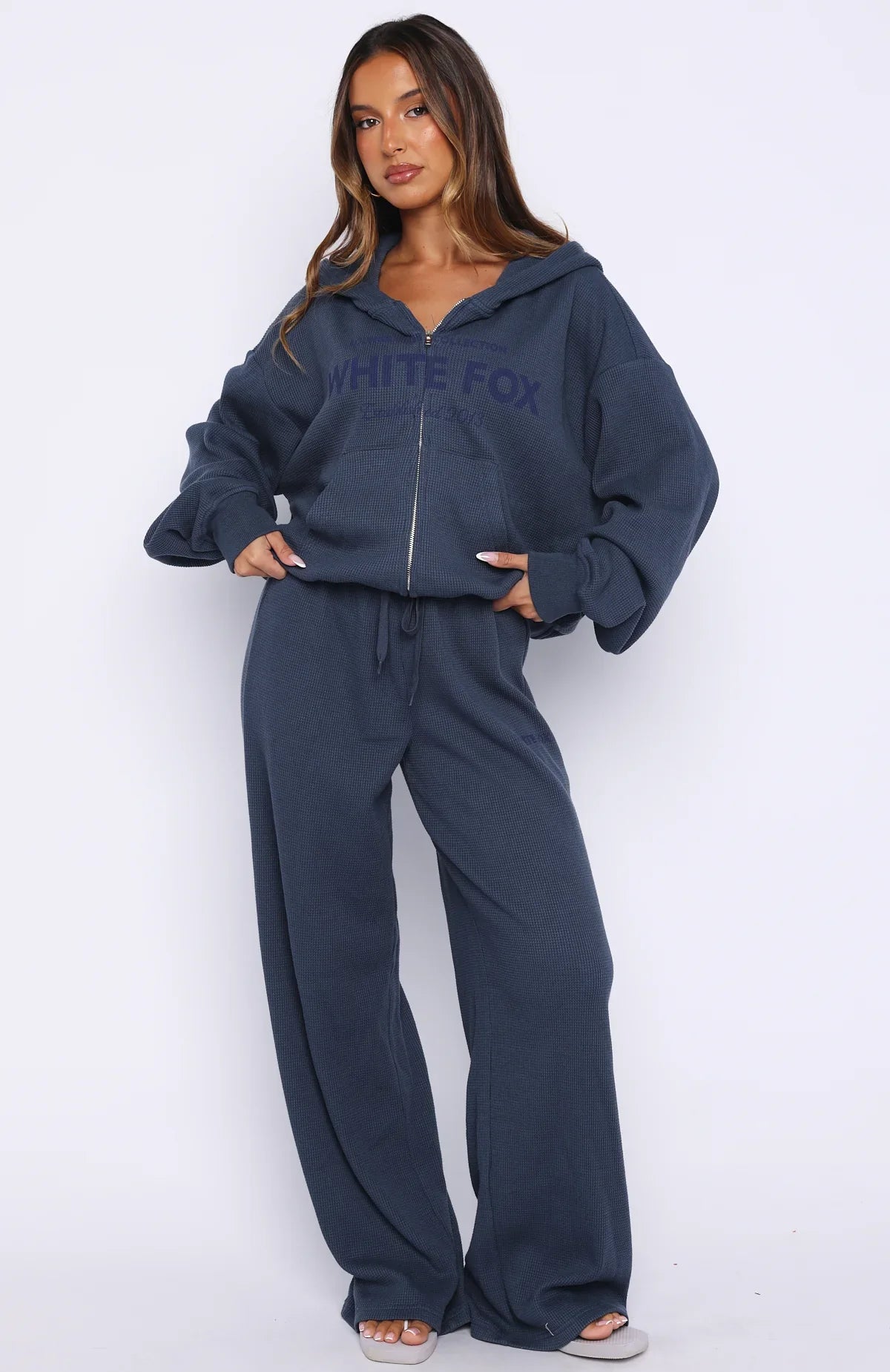 Leave Me Out Of It Waffle Boxy Zip Front Hoodie Navy