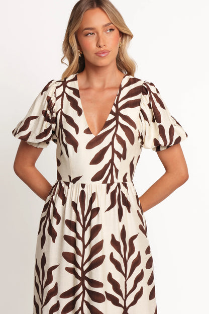 Steele Puff Sleeve Midi Dress Brown Palm