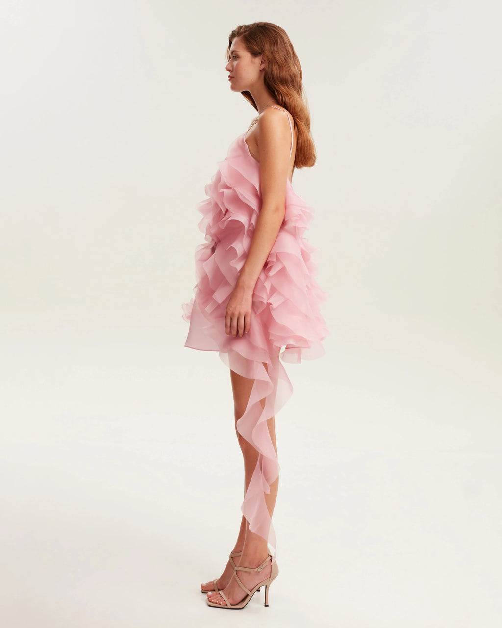 Romantic ruffled pink mini dress with rose appliques Garden of Eden