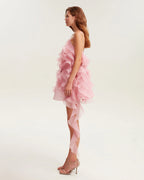 Romantic ruffled pink mini dress with rose appliques Garden of Eden