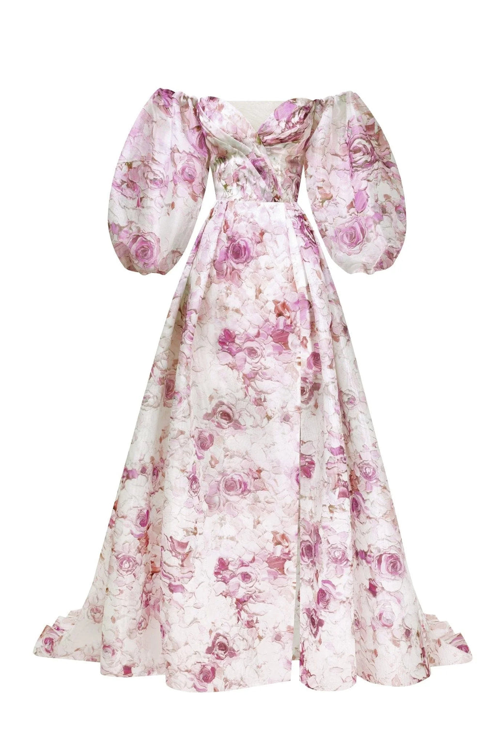 Pink Peony Elegant floral puff sleeve maxi dress