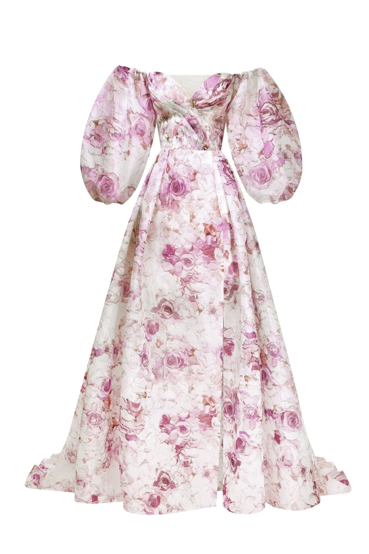 Pink Peony Elegant floral puff sleeve maxi dress