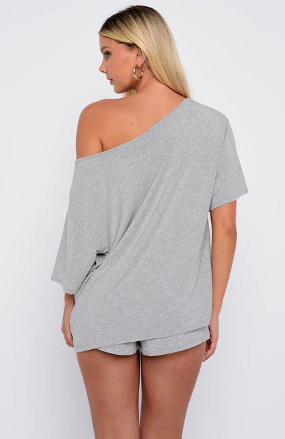 Slow Life Off Shoulder Oversized Pyjama Tee Grey Marle