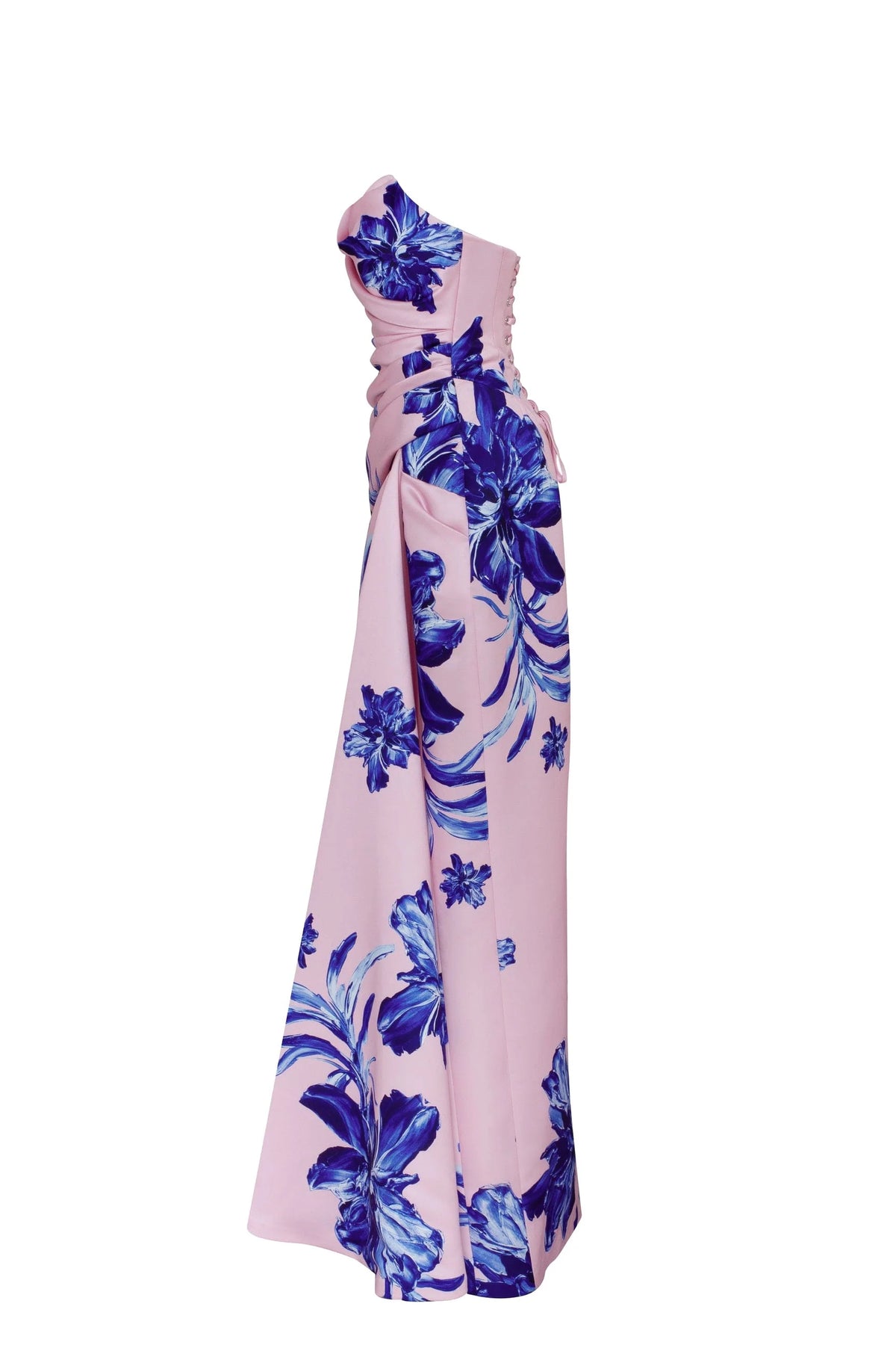 Strapless pink maxi dress with blue flowered pattern Glow Up