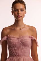 Flirty ruffled tulle mini dress in misty rose Glow Up