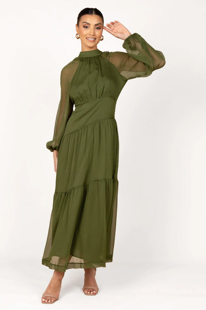 Julip Sheer Long Sleeve Maxi Dress Olive