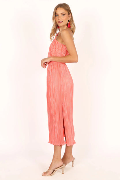 Pontee One Shoulder Pleated Midi Dress Coral