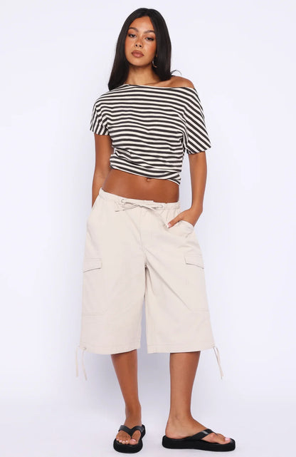Happy To Help Cinched Waist Top Charcoal Stripe