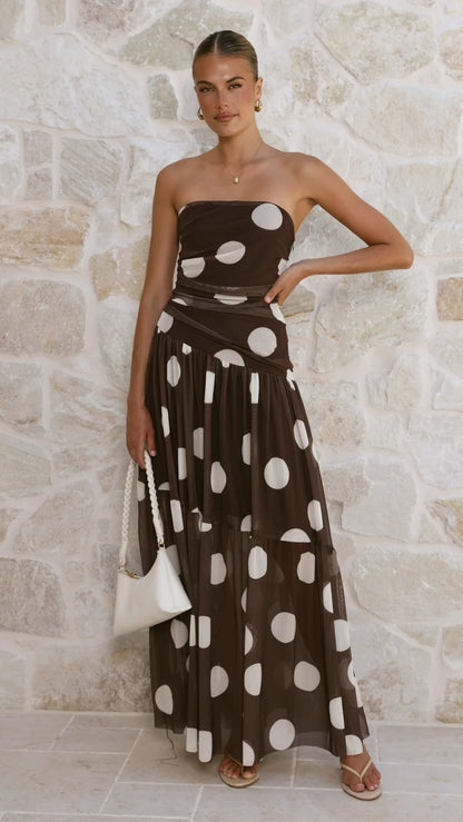 Riko Strapless Maxi Dress Chocolate Macro Polka