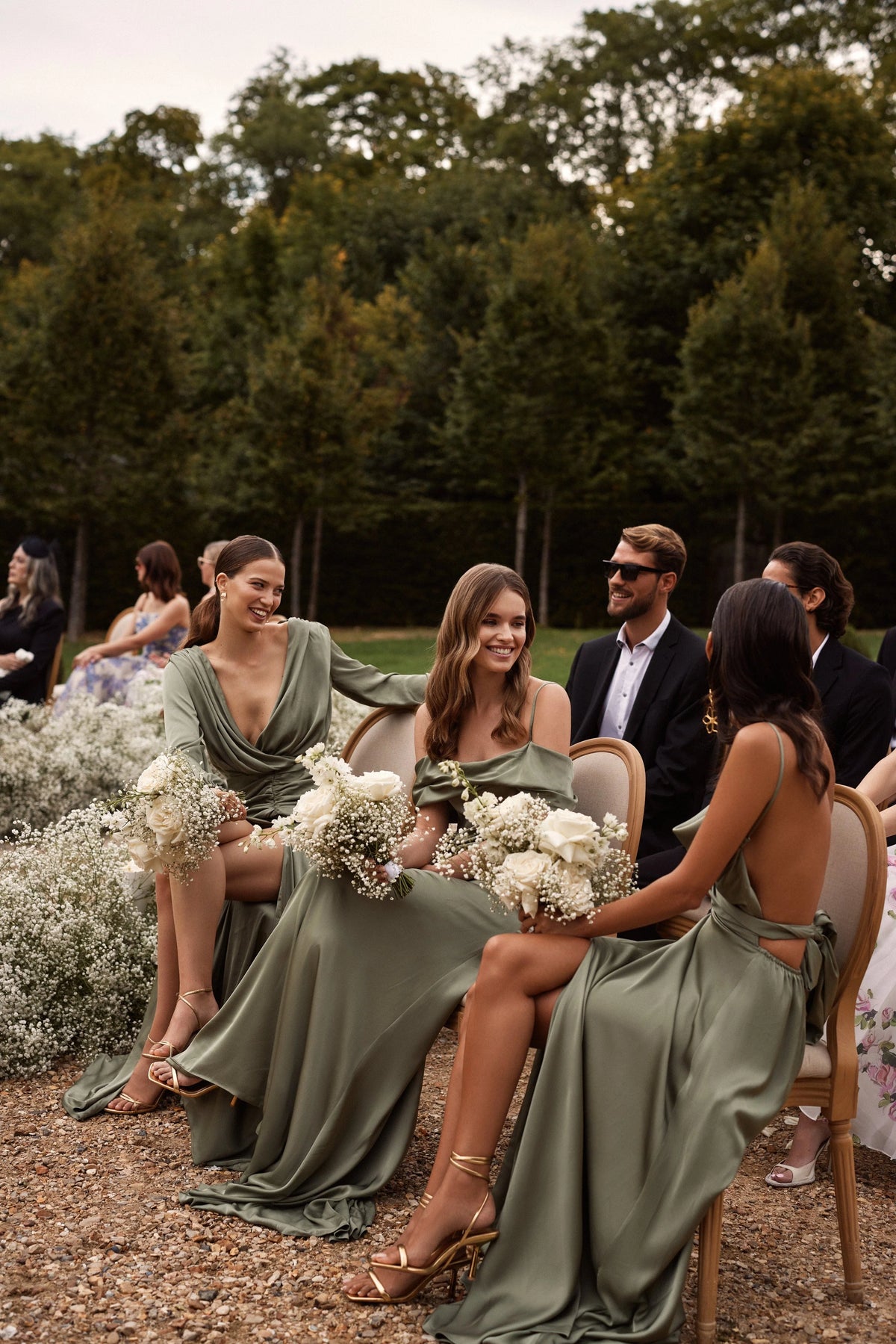 Elegant olive off the shoulder silk maxi dress