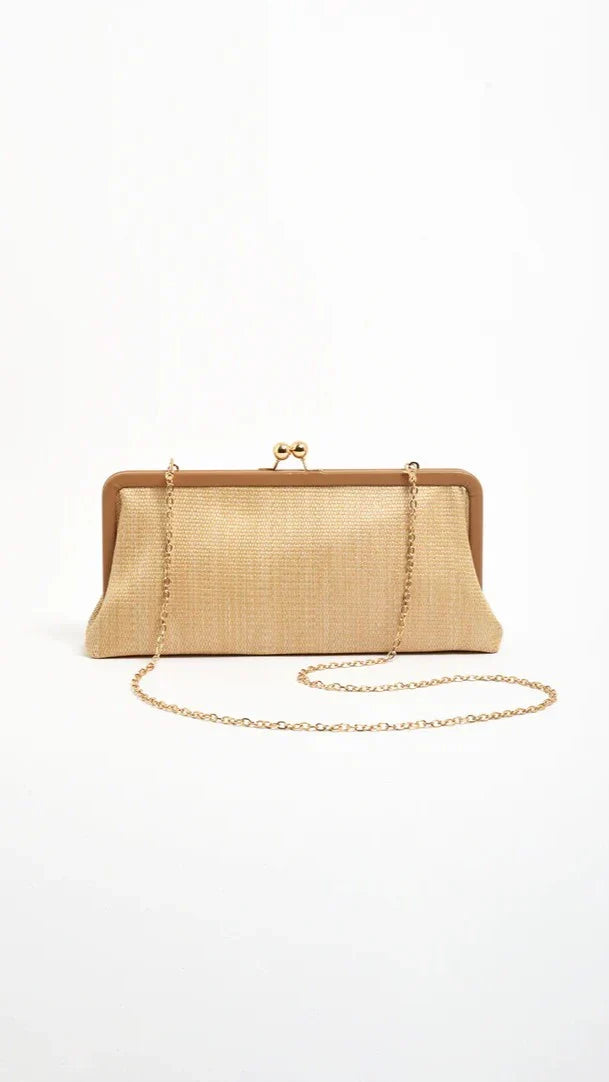 Clip Top Woven Soft Rectangle Clutch Camel