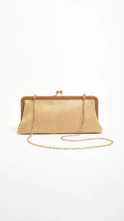 Clip Top Woven Soft Rectangle Clutch Camel