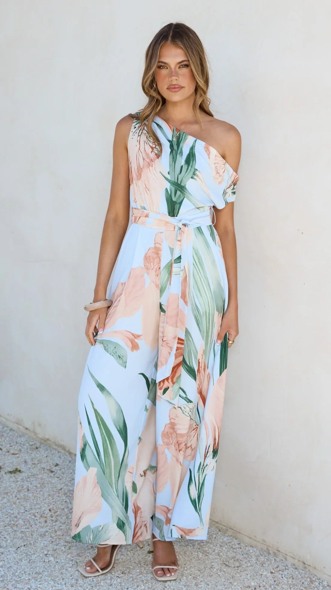 Oasis One Shoulder Jumpsuit Blue Peach Floral
