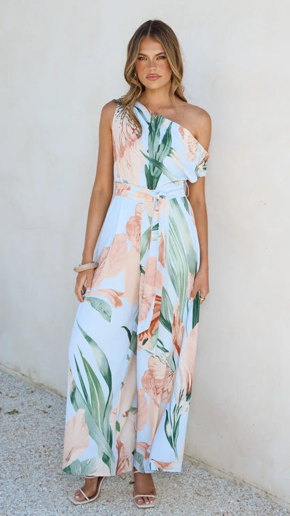 Oasis One Shoulder Jumpsuit Blue Peach Floral