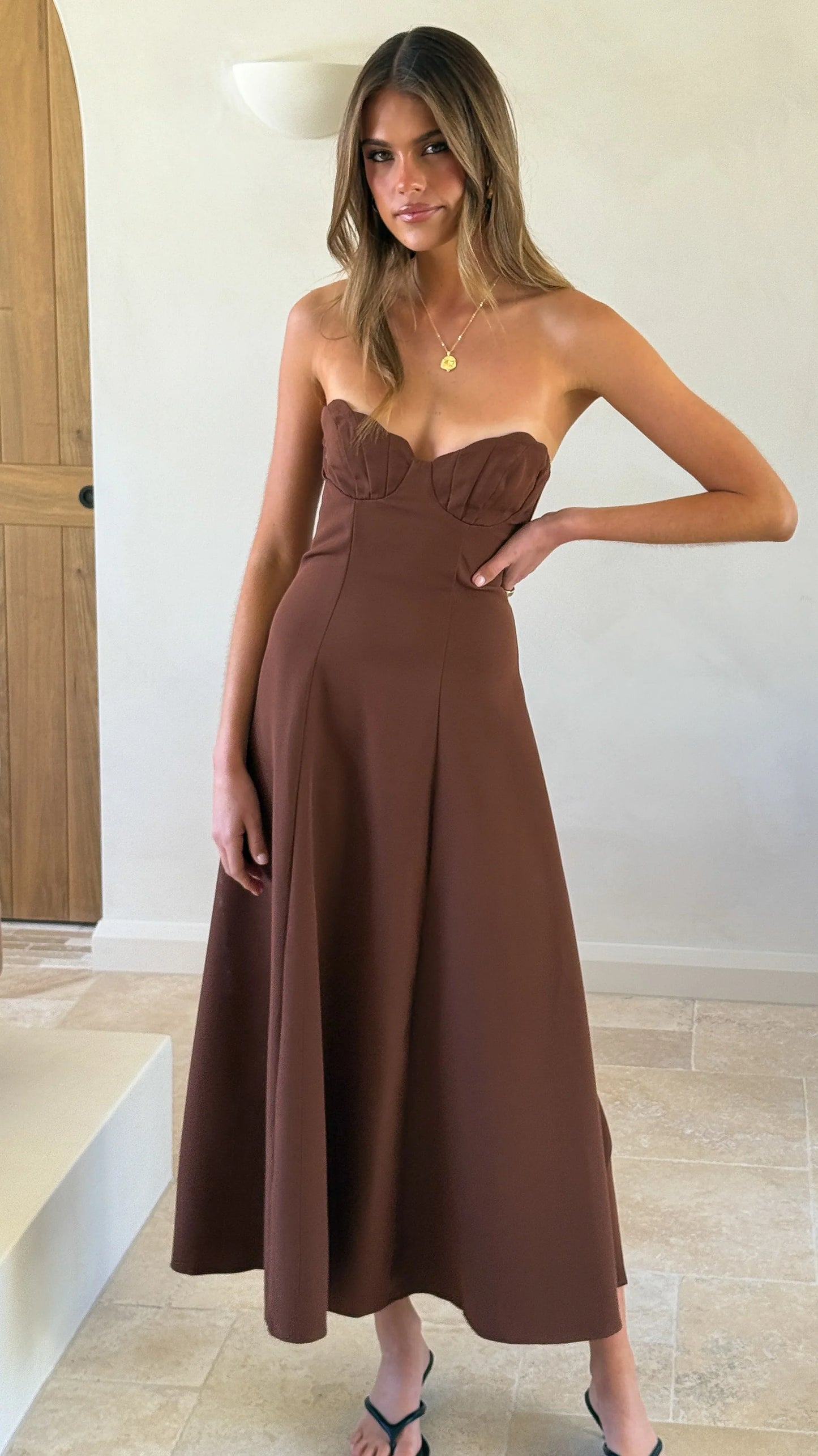 Janessa Strapless Midi Dress Chocolate