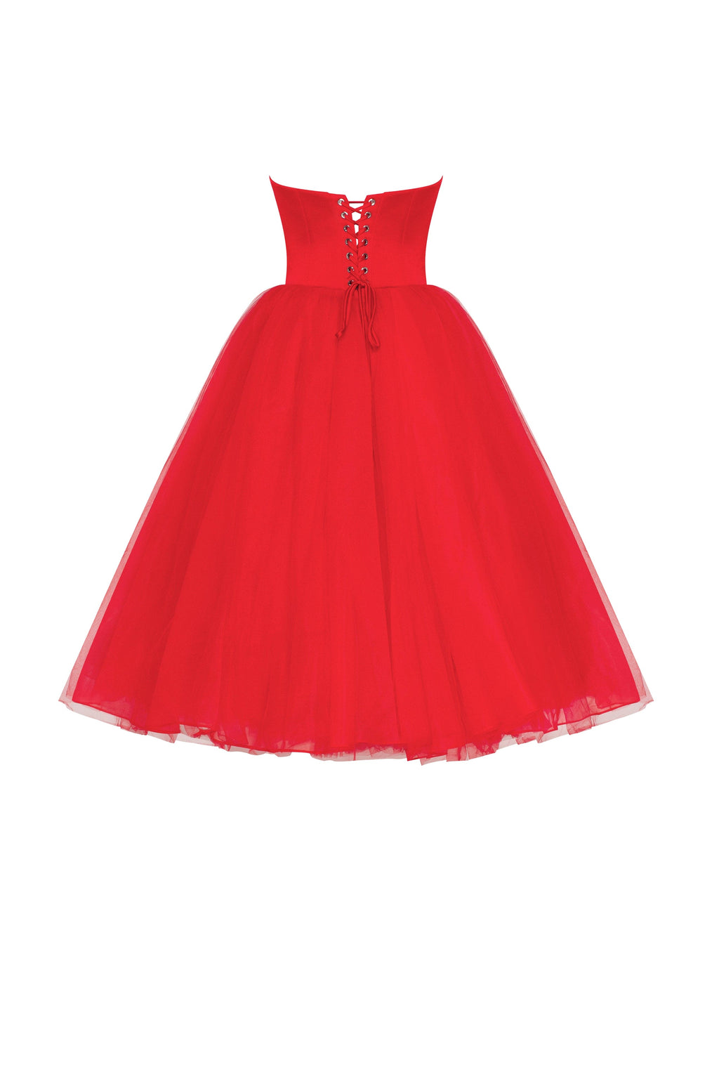 Dramatic red organza dress adorned with Millas signature and black gloves Xo Xo