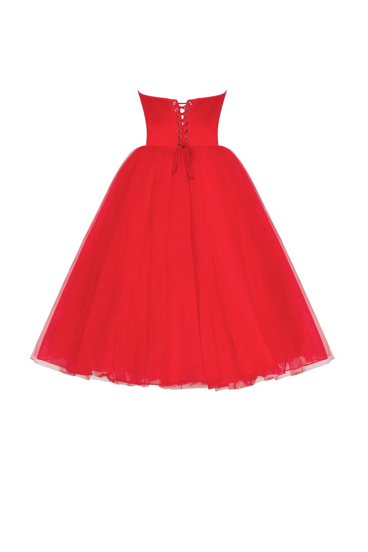 Dramatic red organza dress adorned with Millas signature and black gloves Xo Xo