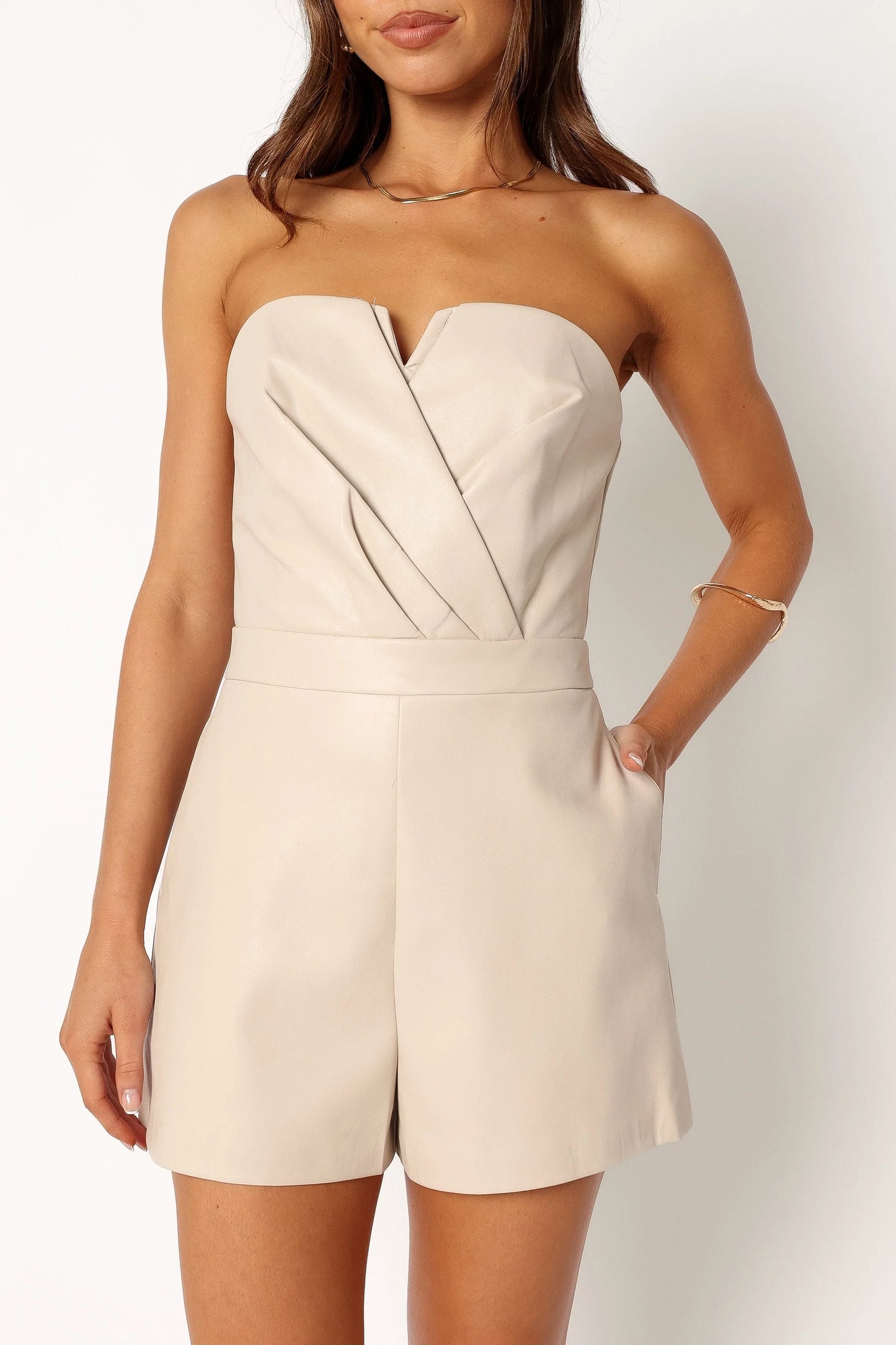 Mikaela Faux Leather Romper Ecru