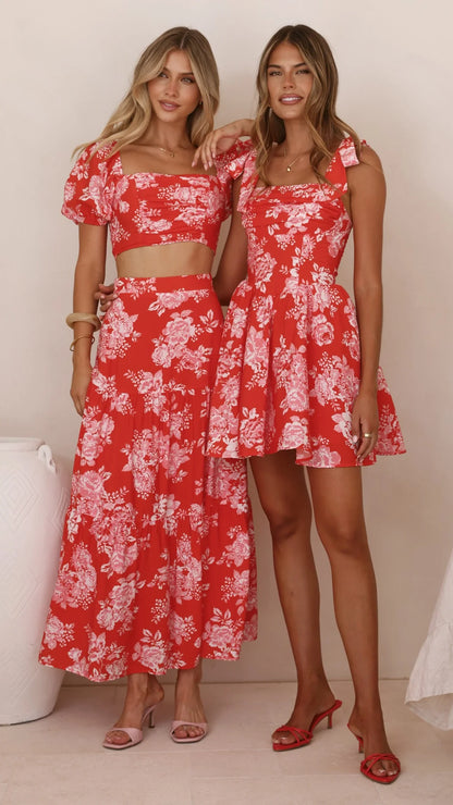 Calla Top and Maxi Skirt Set Red Floral