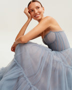 Cloudy blue tulle maxi dress with ruffled skirt Garden of Eden