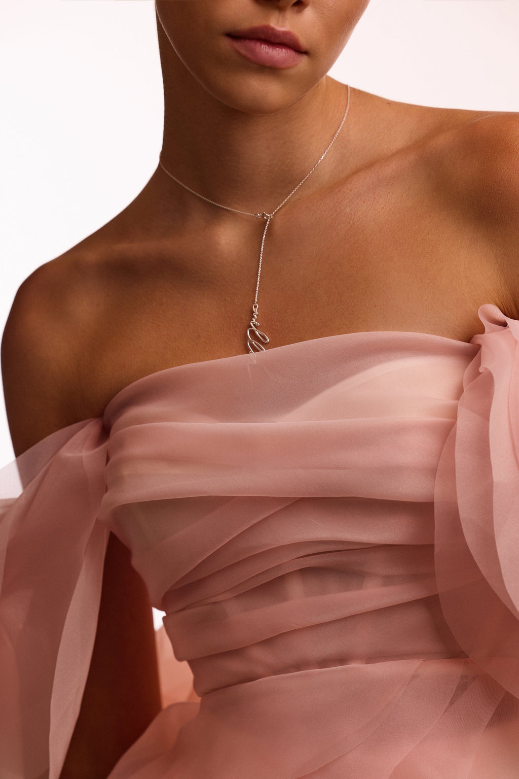 Dreamy off shoulder blouse with meringue flounces in misty rose Midnight Walk