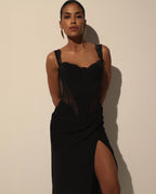 Black Maxi Dress with Corset Bodice and Slit