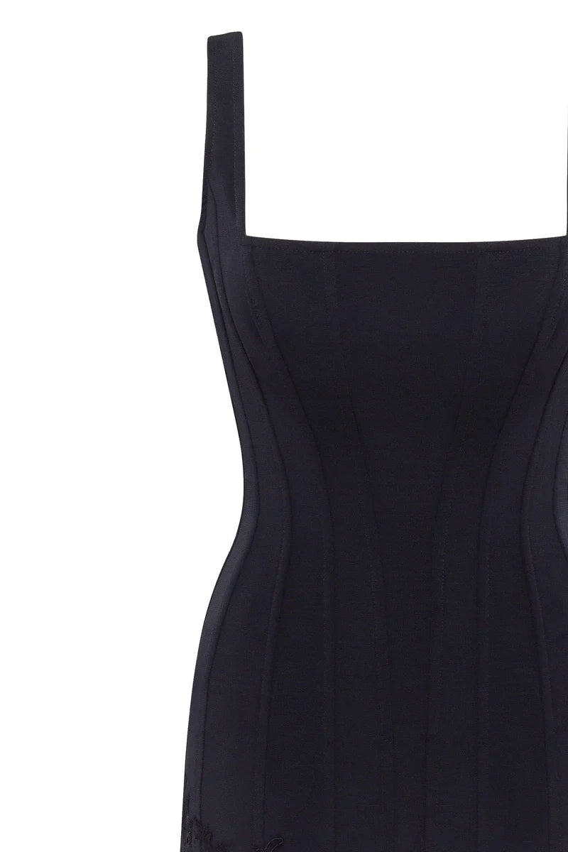 Sultry black corset mini dress with lace hem Parisienne