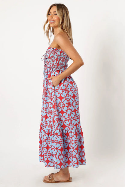 Dayton Strapless Midi Dress Red Blue