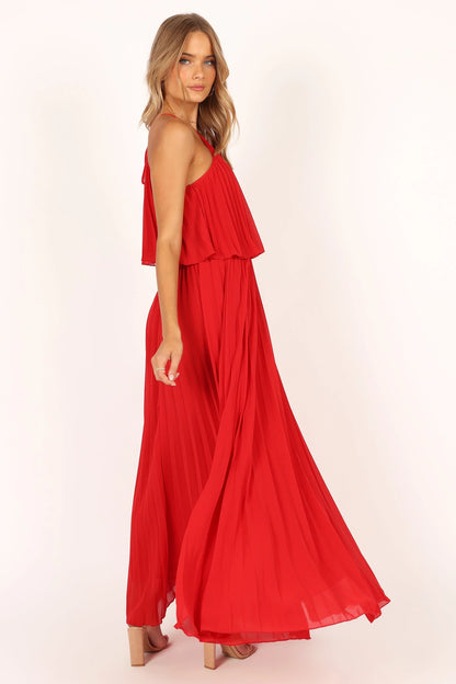 Gia Pleated Halterneck Maxi Dress Red